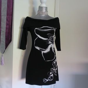 WHBM Black Flower Smoky Graphic Off Shoulder Dress